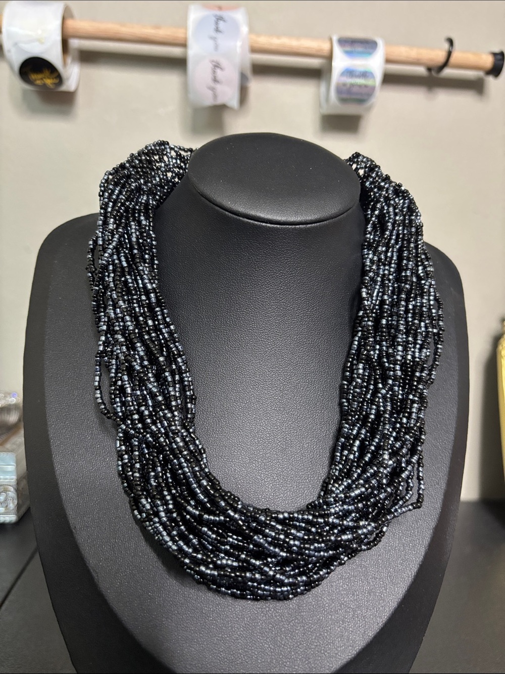 Vintage Multi-Strand Black Glass Seed Bead Choker Statement Necklace Jewelry